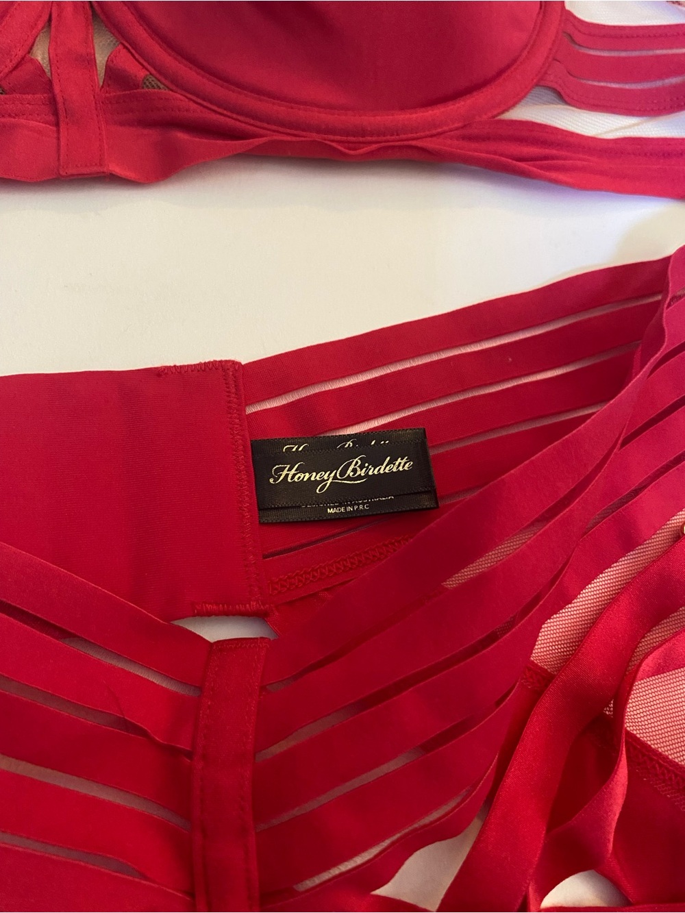 LINDA C Red 4-Piece Lingerie Set: Bra + Brief + Suspender/Garter Belt / 34D-L-L - Picture 12 of 14